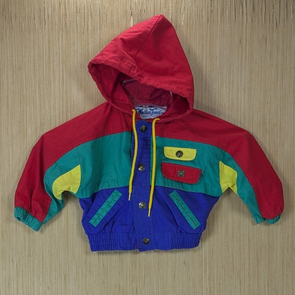 Vintage Weather Tamer Kids 24M Colorblock Hooded Windbreaker Jacket Colorful
